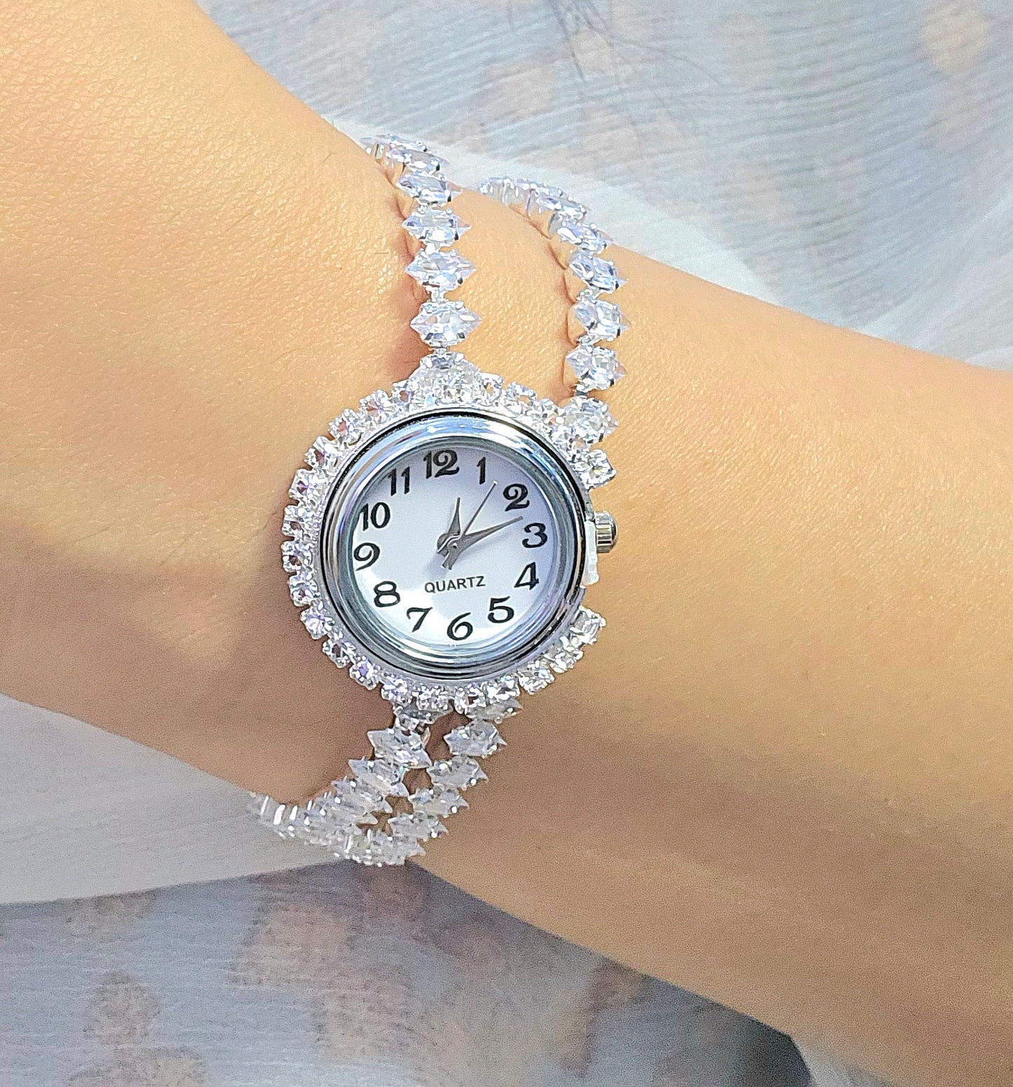 Silver Crystal Encrusted Statement Watch | Premium Diamond-Cut Stone Link Watch