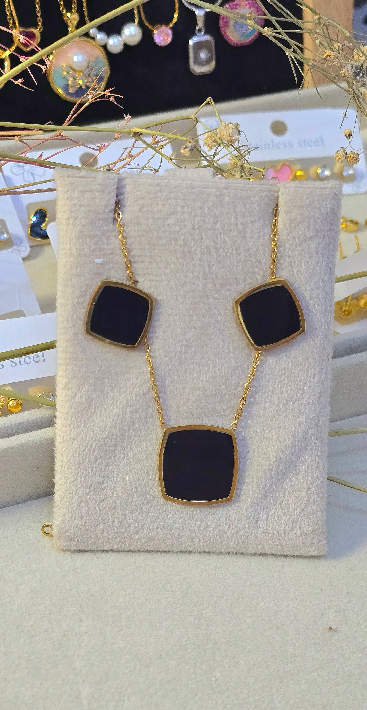 Bold Black Cushion Pendant & Earrings Set | Tarnish-Free Gold-Tone Stainless Steel