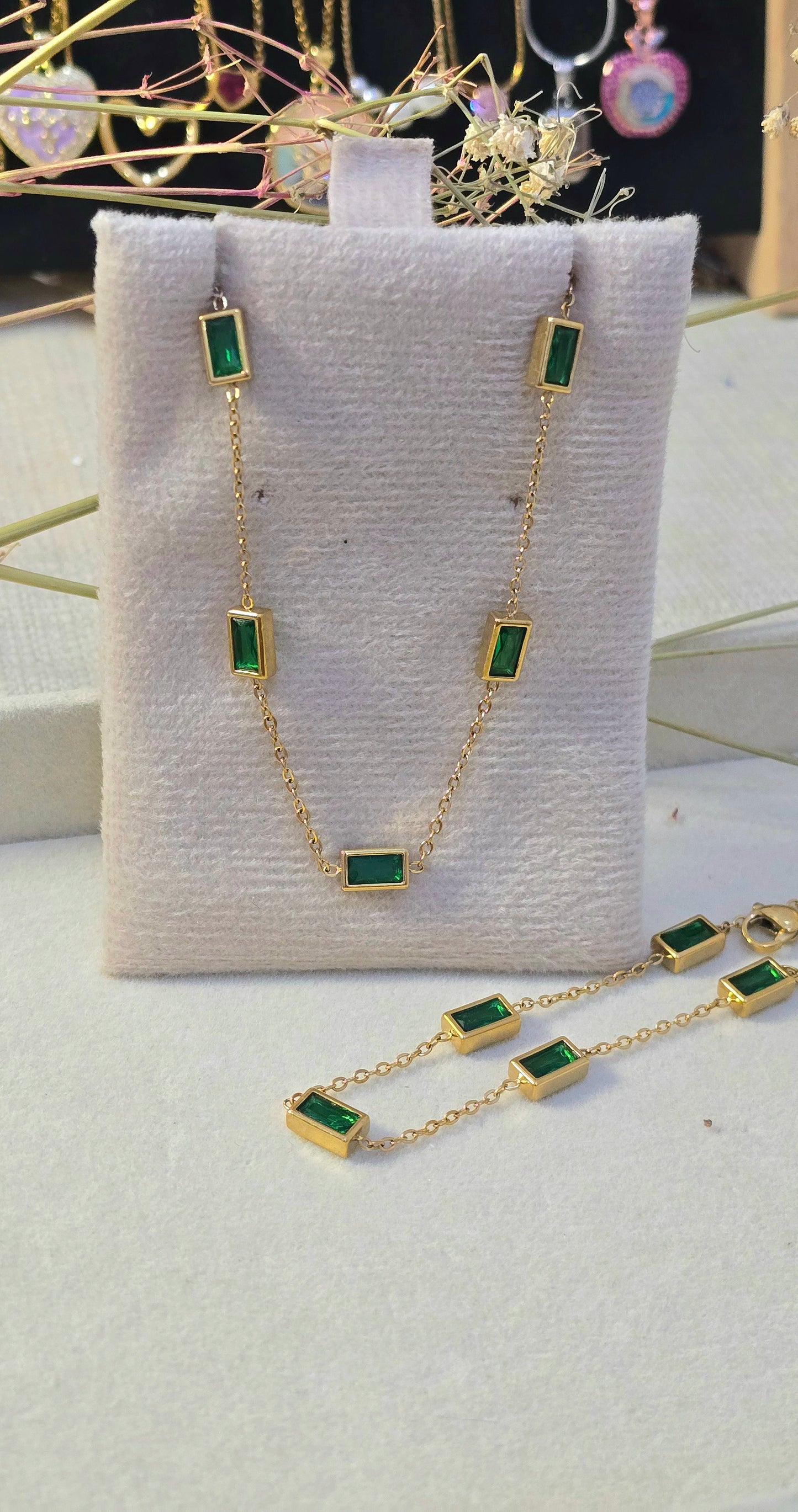 Emerald Green Baguette Necklace & Bracelet Set | Tarnish-Free Gold-Tone Stainless Steel
