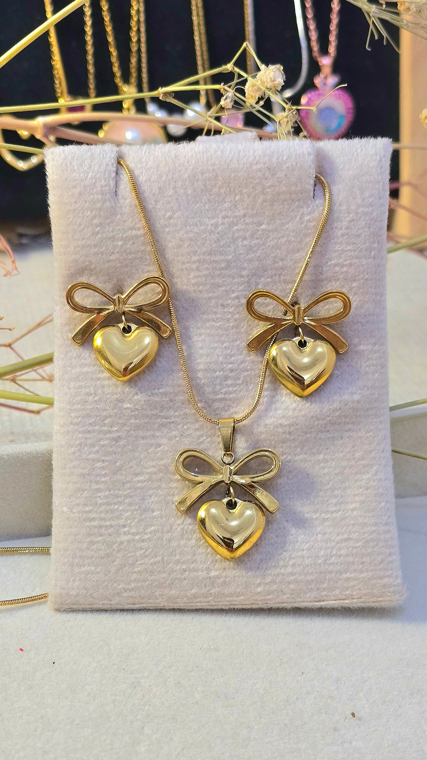 Bow & Heart Charm Jewelry Set | Waterproof Gold Stainless Steel Necklace & Earrings
