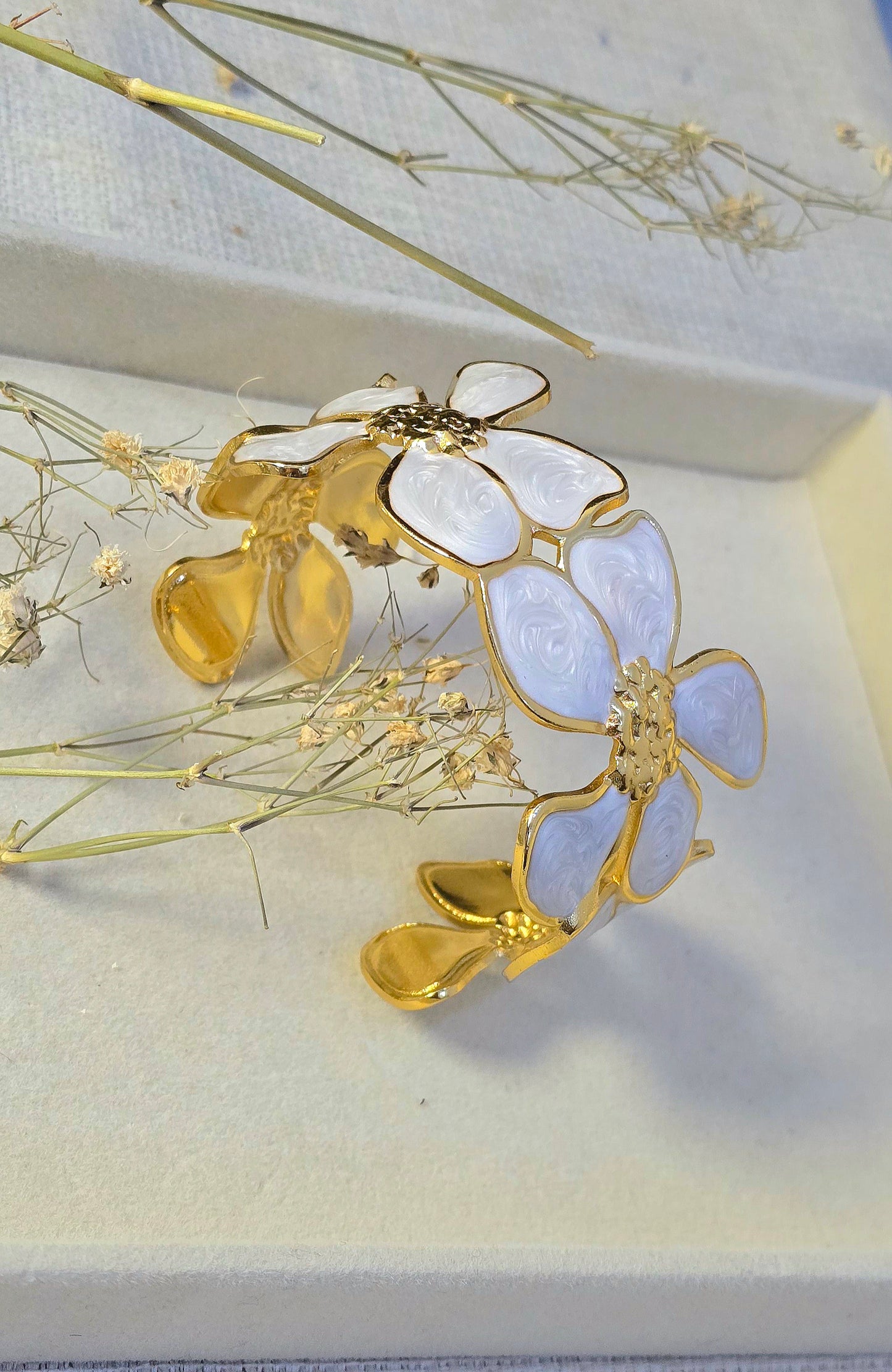 Luxury Enamel Floral Statement Cuff | Tarnish-Free Gold-Tone Floral Bracelet