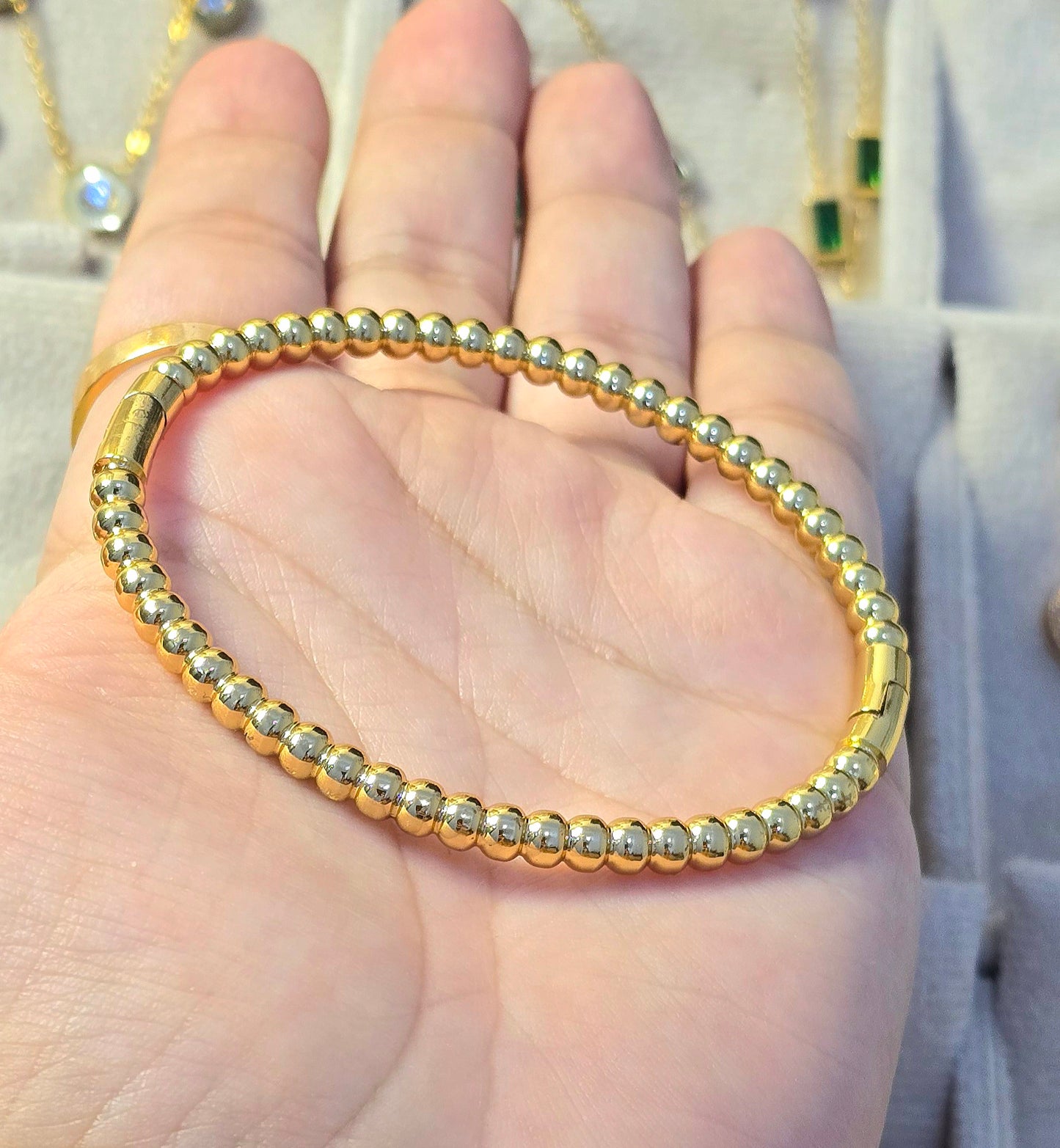 Stainless Steel Gold Beaded Bangle Bracelet with Hinge Clasp