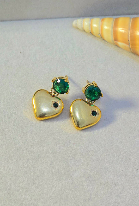 Stainless Steel Chunky Heart Stud Earrings with Emerald Green Stones