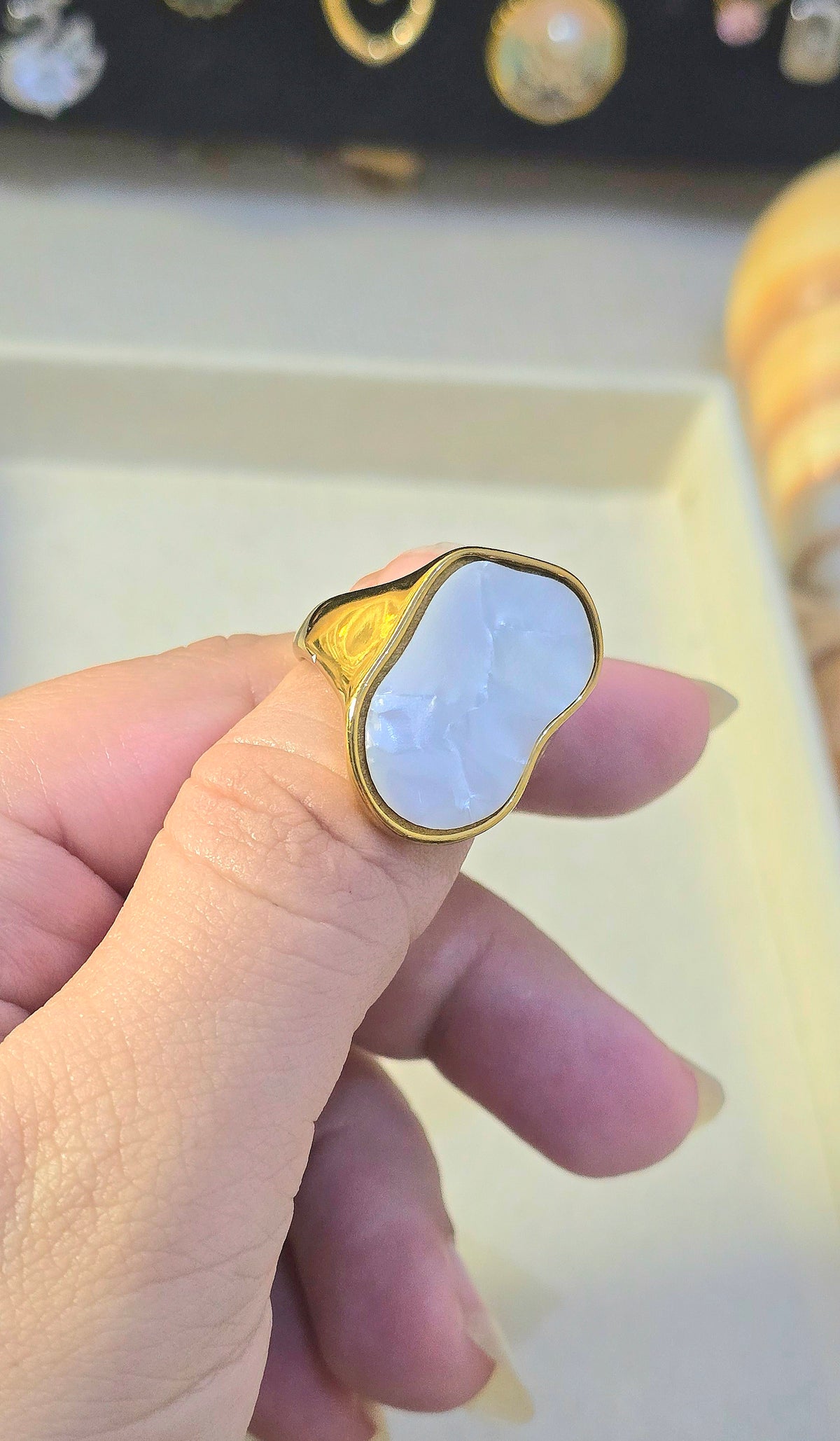 GOLD SIGNET RING WITH PEARLY WHITE ENAMEL