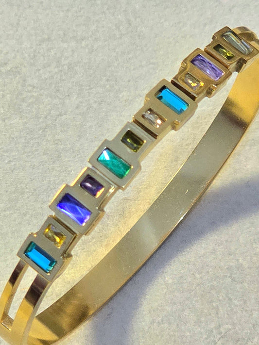 RAINBOW GEMSTONE HINGED HANDCUFF STAINLESS STEEL