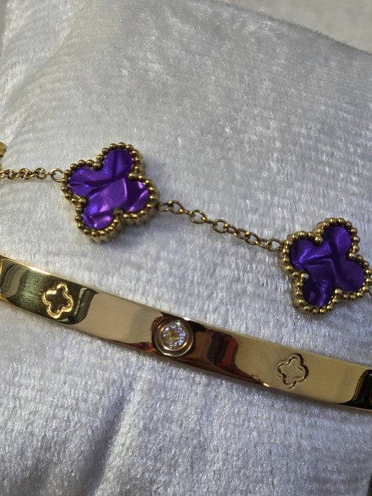 ROYAL PURPLE CLOVER& DESIGNER STYLE HANDCUFF 18K GOLD PLATED