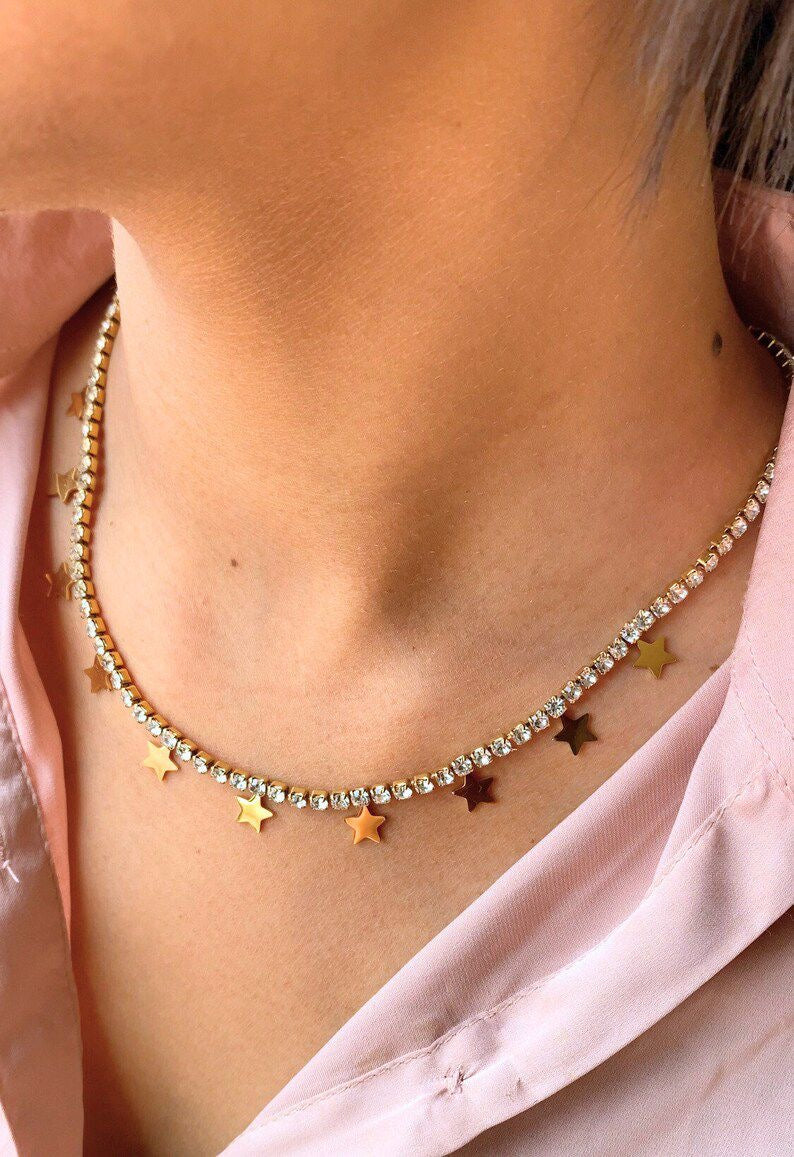 Stainless Steel Double Layer Crystal Pendant Necklace
