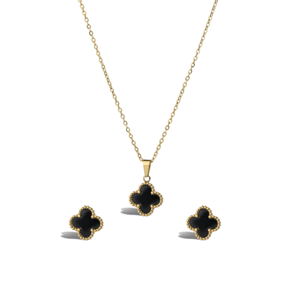 BLACK FOUR LEAF CLOVER NECKLACE AND STUDS IN STAINLESS STEEL
