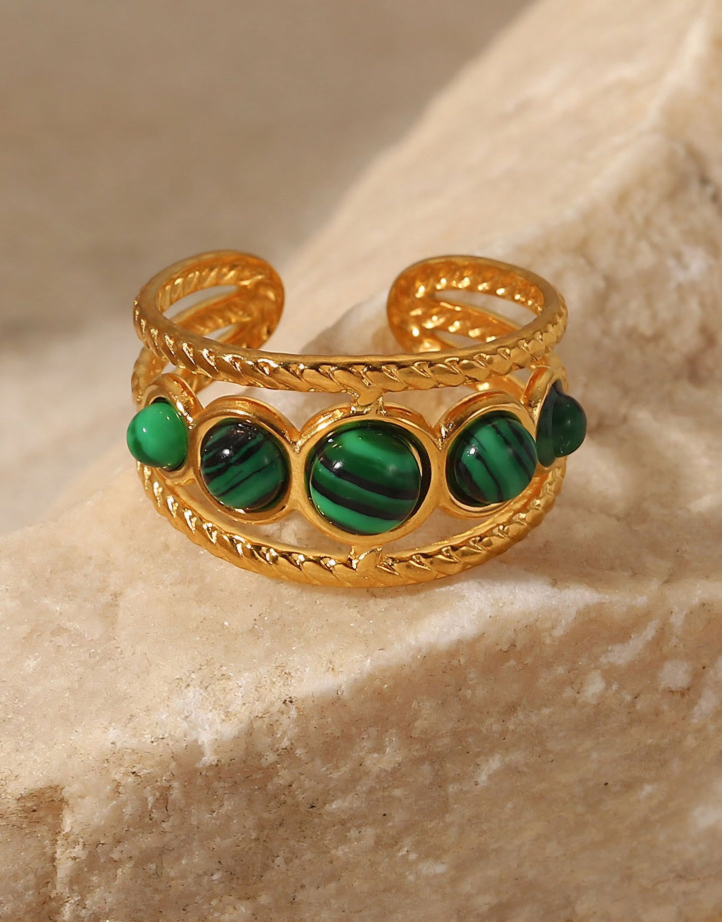 Malachite Charm Golden Stainless Steel Ring
