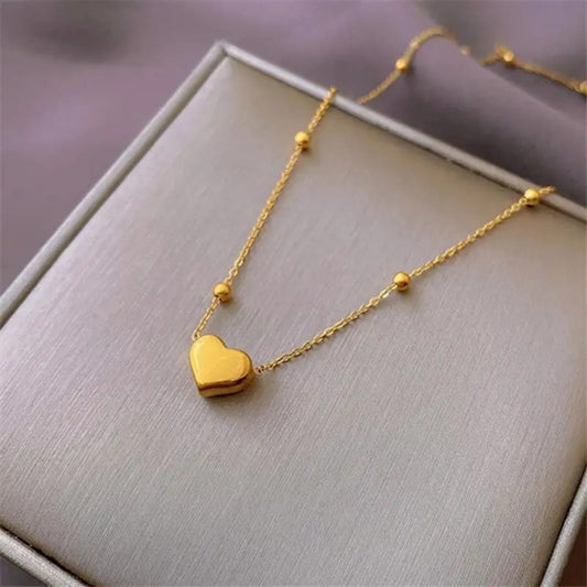 Gold Chunky Heart Pendant Necklace with Beaded Chain – Stainless Steel
