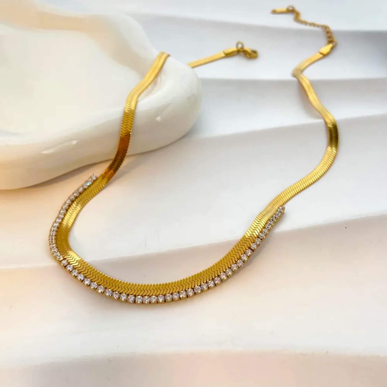 Luxury Crystal Inset Herringbone Statement Necklace | Tarnish-Free Gold-Tone Stainless Steel