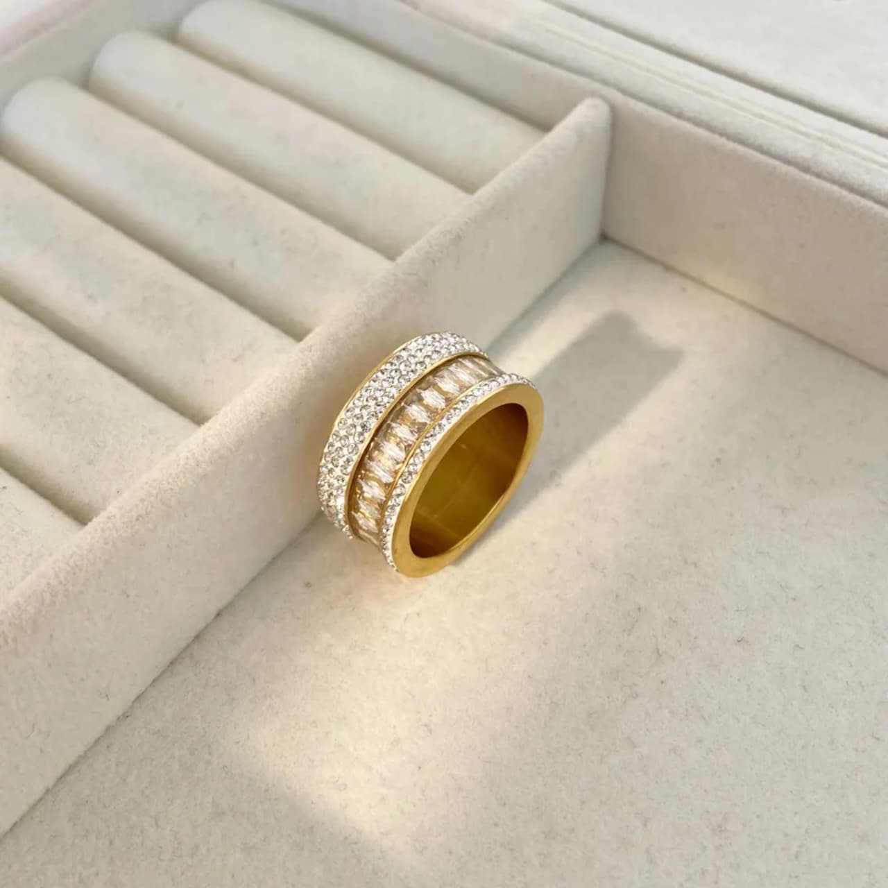 Luxury Baguette & Pave Zirconia Ring | Tarnish-Free Gold-Tone Stainless Steel