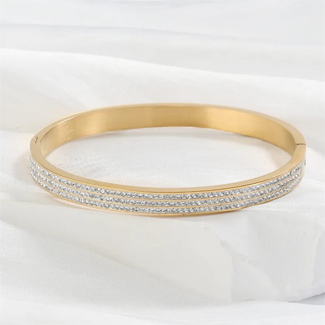 Gold & Crystal Pavé Bangle covered with densely Cz stones | Tarnish-Free Gold-Tone Stainless Steel