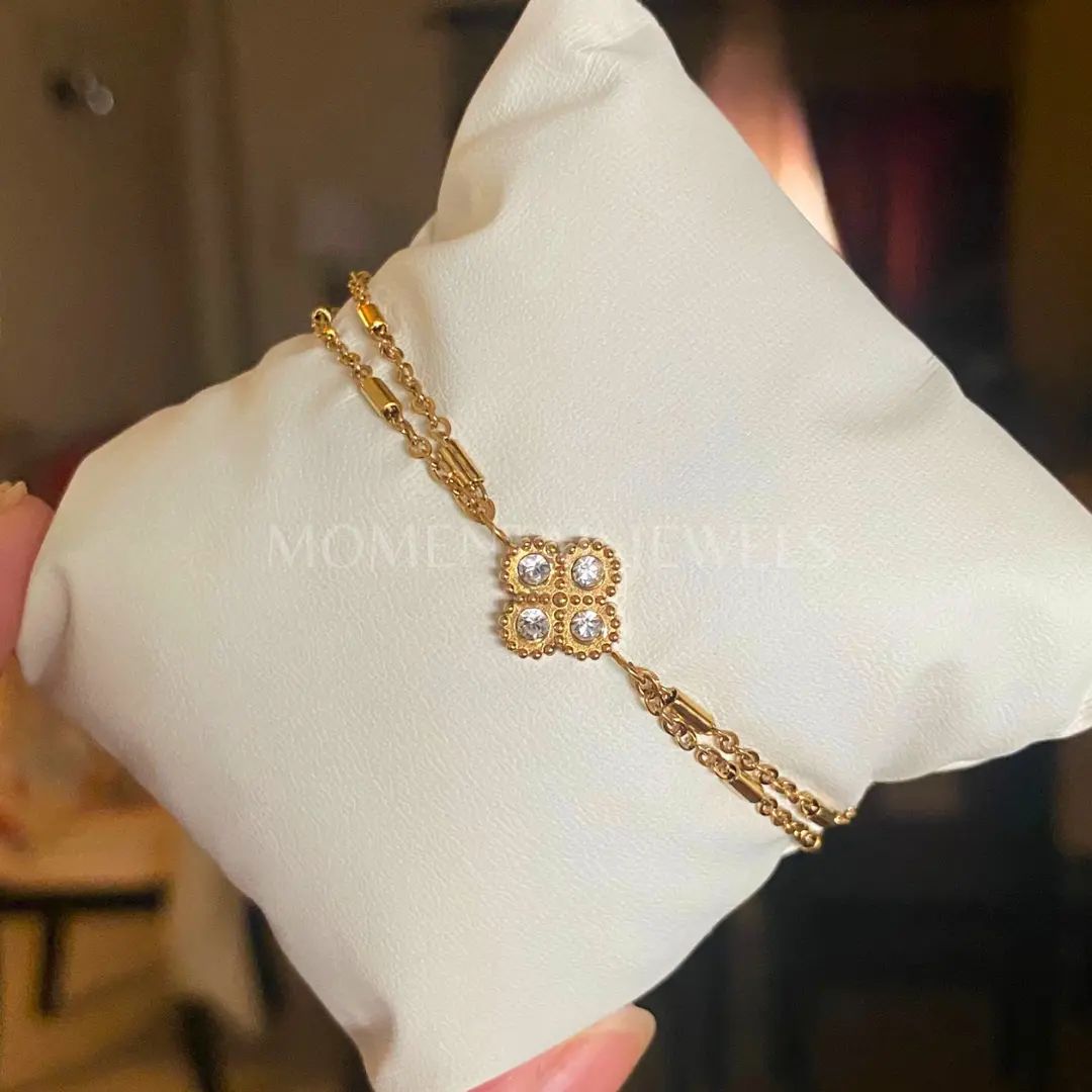 Elegant Clover Crystal Station Bracelet | Tarnish-Free Gold-Tone Stainless Steel
