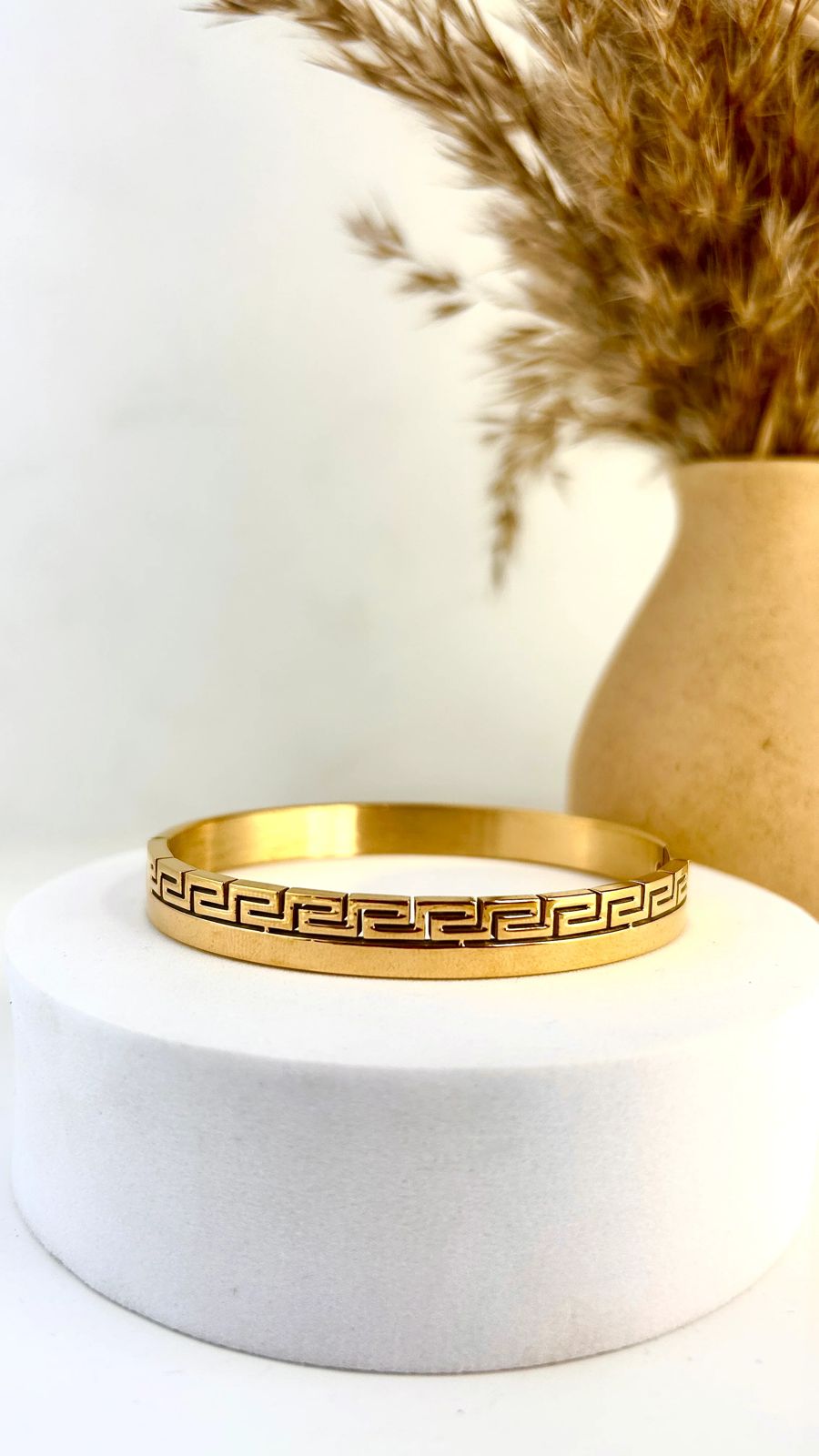 Classic Greek Key Engraved Bangle | Tarnish-Free Gold-Tone Stainless Steel