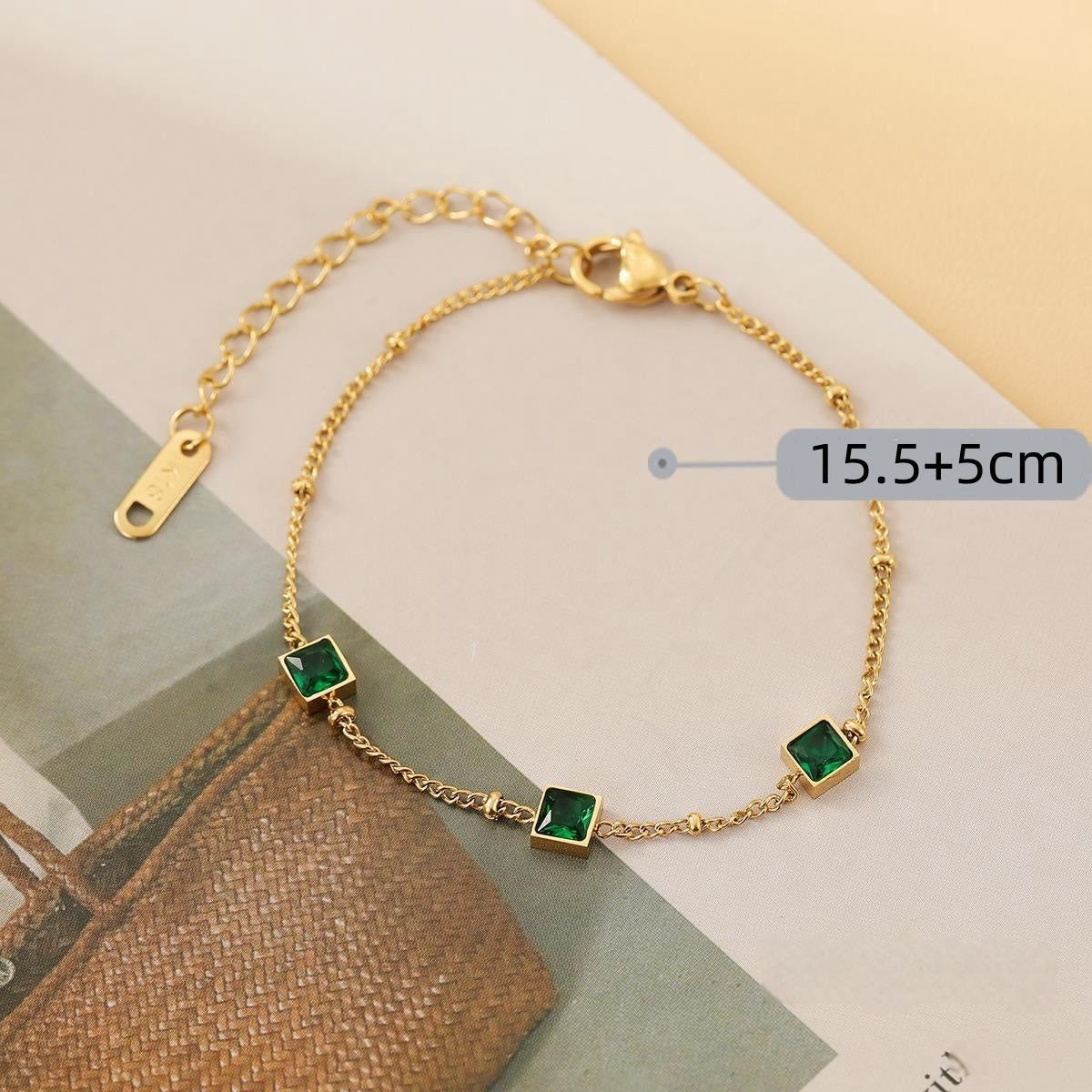 Emerald Green Square Tennis Bracelet | Tarnish-Free Gold-Tone Stainless Steel