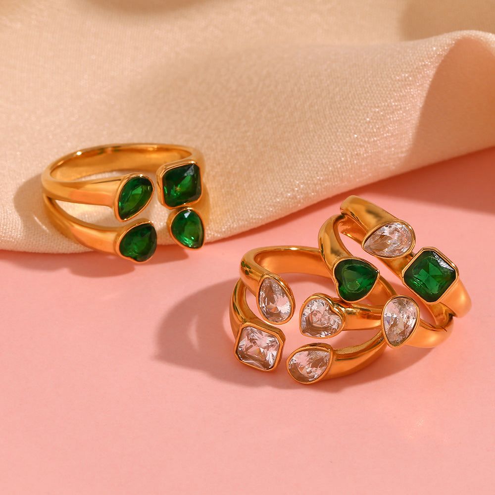 Stainless Steel Gold-Tone Cluster Ring with Mixed Gemstones
