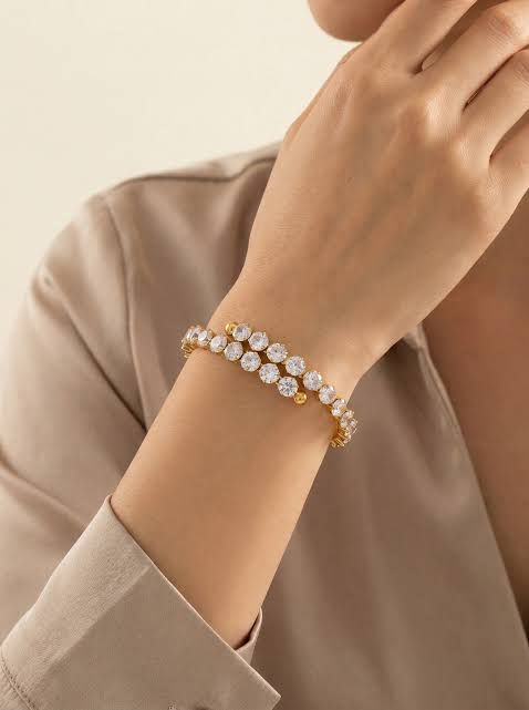 Stainless Steel Luxurious Gold-Tone Double-Row Zirconia Tennis Bracelet