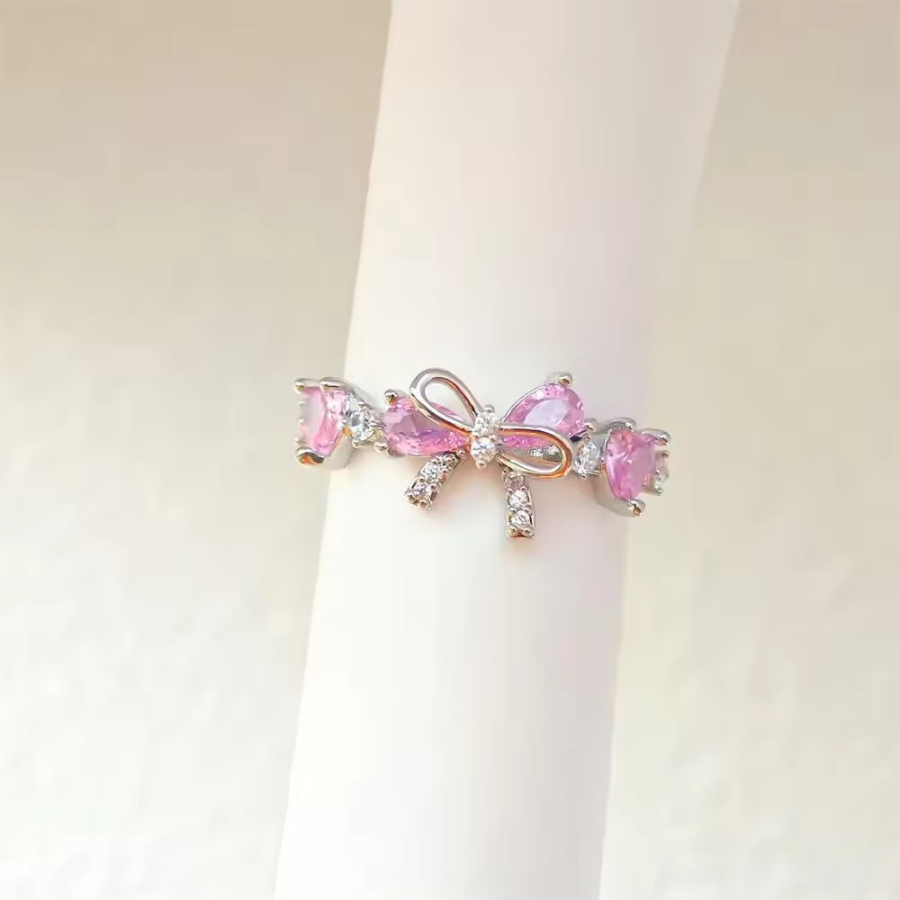 Pink and white Zirconia embedded stones with Silver base adjustable ring