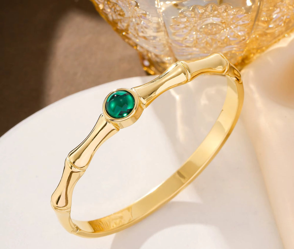 18K GOLD PLATED EMERALD GREEN BAMBOO RING