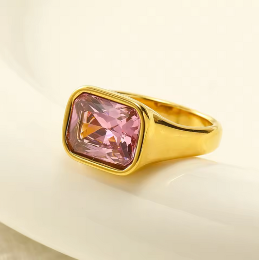 18k GOLD PLATED PINK EMERALD CUT GEMSTONE RING