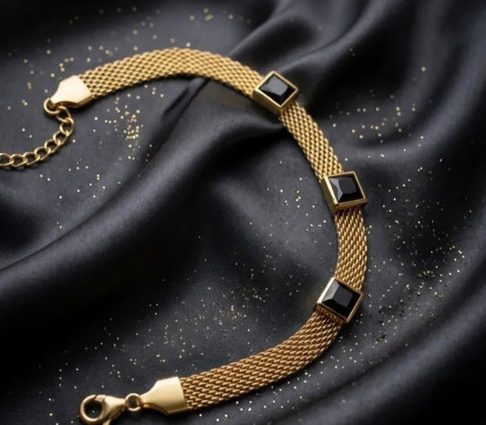 Stainless Steel Black Turkish Style Three Stone Mesh Chain Bracelet