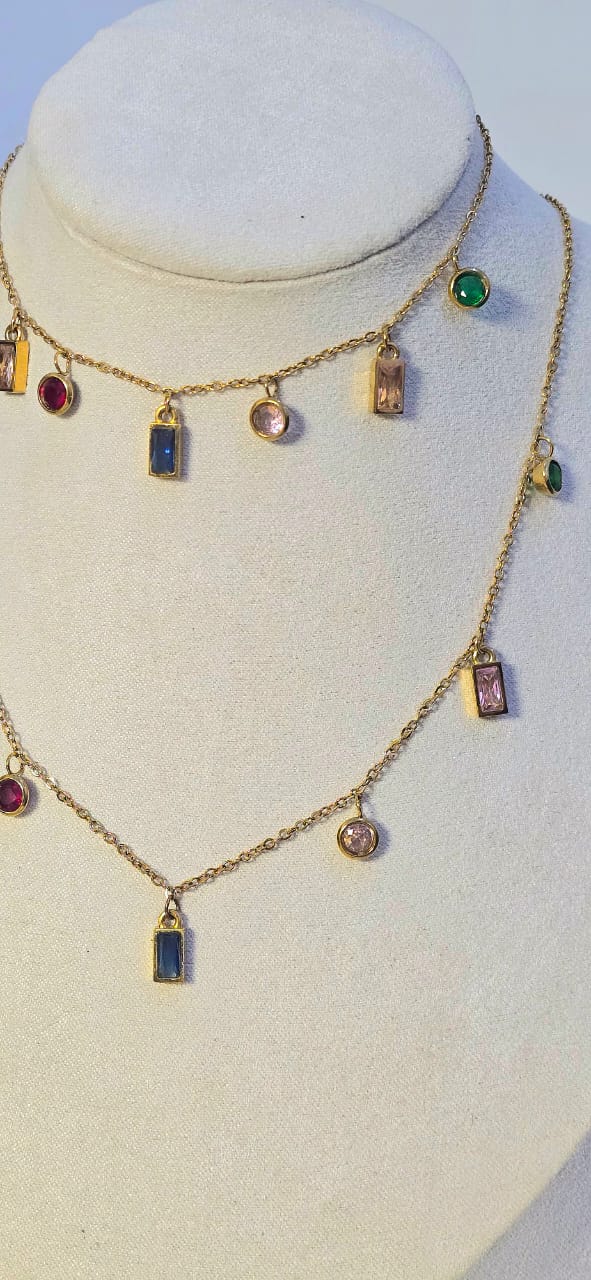 Vibrant Multi-Color Rainbow Charm Necklace & Bracelet Set | Tarnish-Free Gold-Tone Stainless Steel
