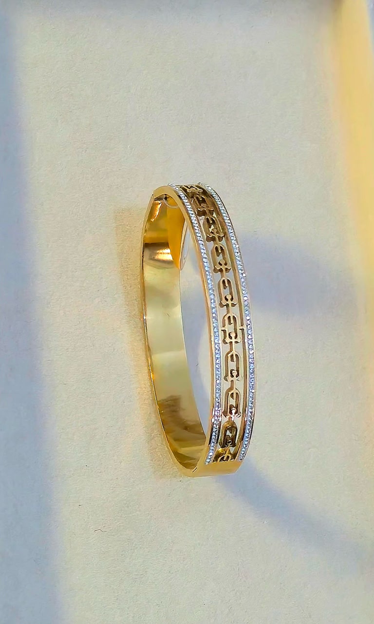 Stainless Steel Gold-Tone Chain-Link Openwork Bangle with Crystal Borders