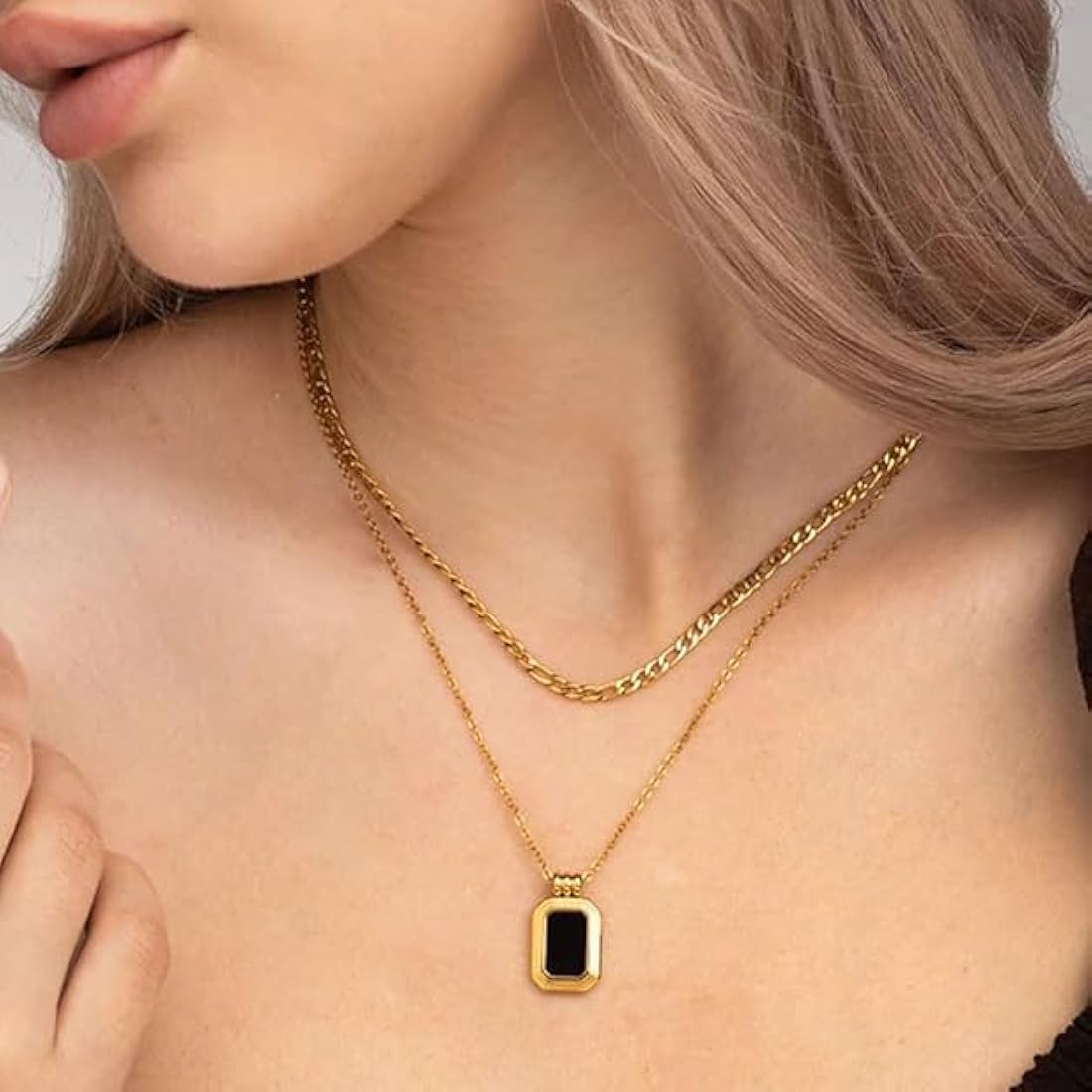 Stainless Steel Double Layer Necklace with Black Centre Pendant