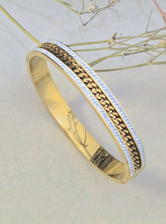 Stainless Steel Curb Chain Inlay Crystal-Paved Bangle