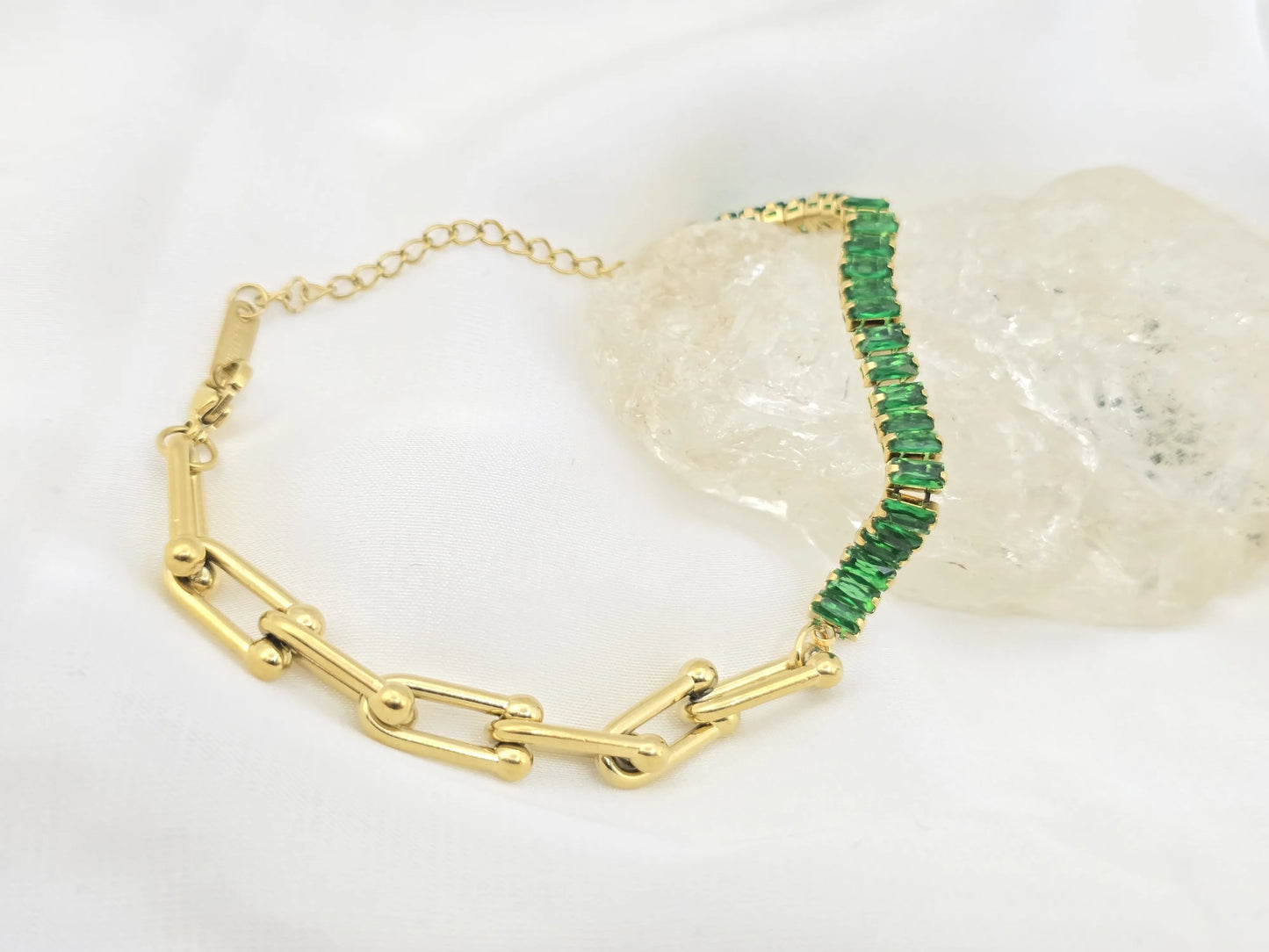 GREEN CRYSTAL TENNIS & PAPERCLIP CHAIN BRACELET