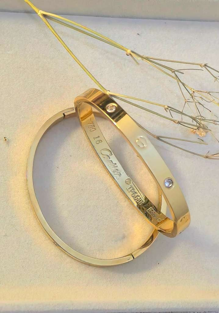 Stainless Steel Polished Gold Bangle with Round CZ Stones