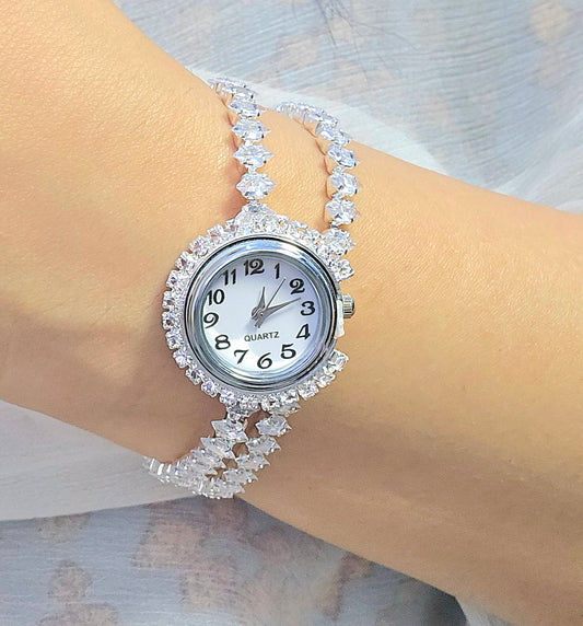 Silver Crystal Encrusted Statement Watch | Premium Diamond-Cut Stone Link Watch