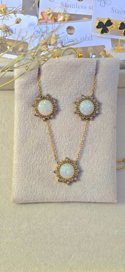 Sunburst Opal Necklace & Earrings Set | Waterproof Gold Stainless Steel