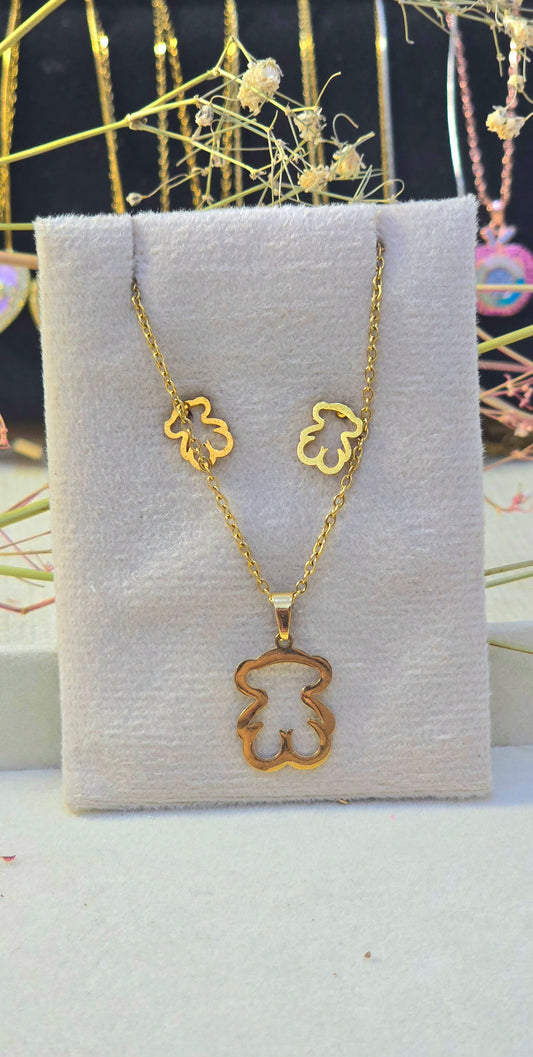 Playful Teddy Bear Pendant & Earrings Set | Tarnish-Free Gold-Tone Stainless Steel