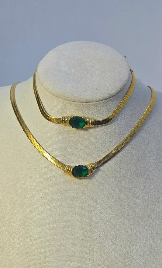 Emerald Green Stone Herringbone Set | Tarnish-Free Gold Snake Chain Necklace & Bracelet