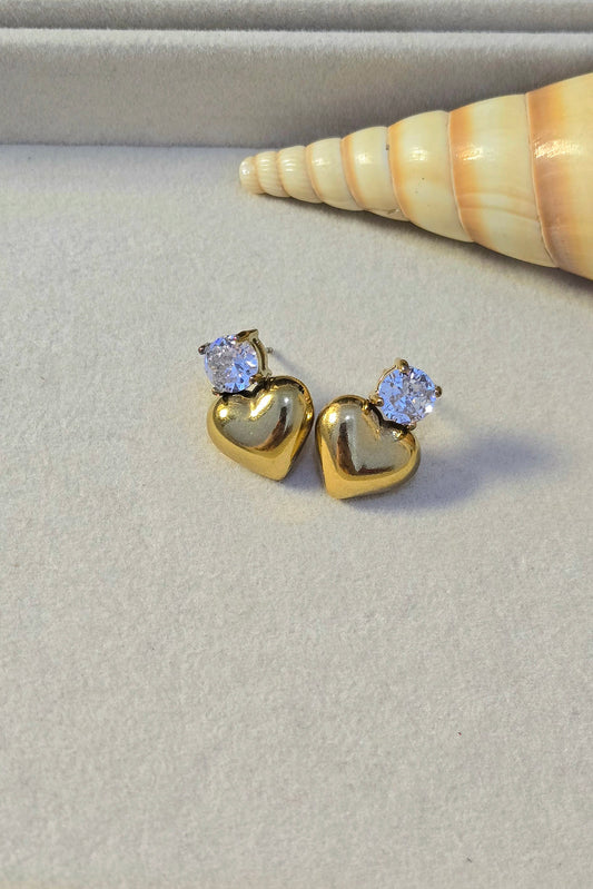 Stainless Steel Chunky Heart Stud Earrings with White Zircon Stone