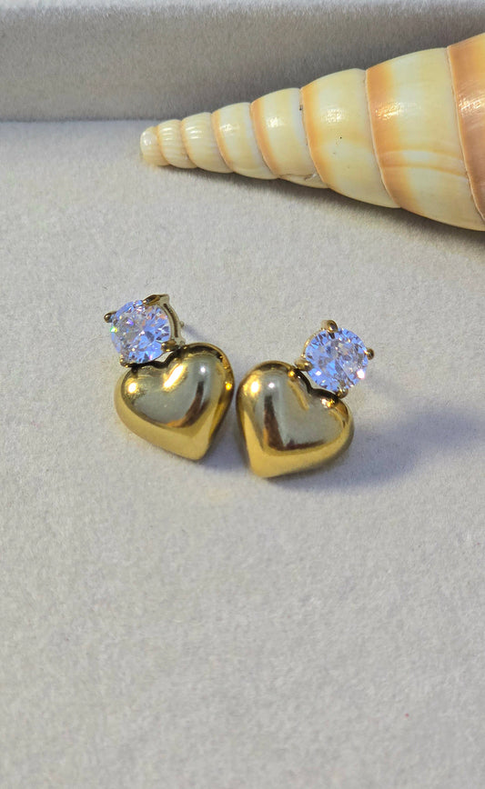 Stainless Steel Chunky Heart Stud Earrings with White Zircon Stone