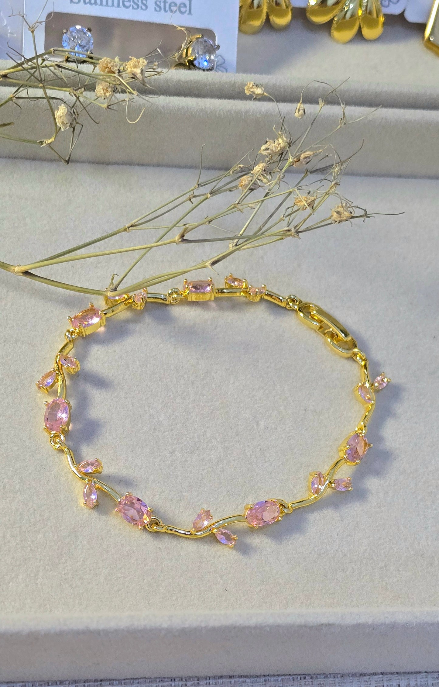 Stainless Steel Baby Pink Tulip Bracelet with Golden Base