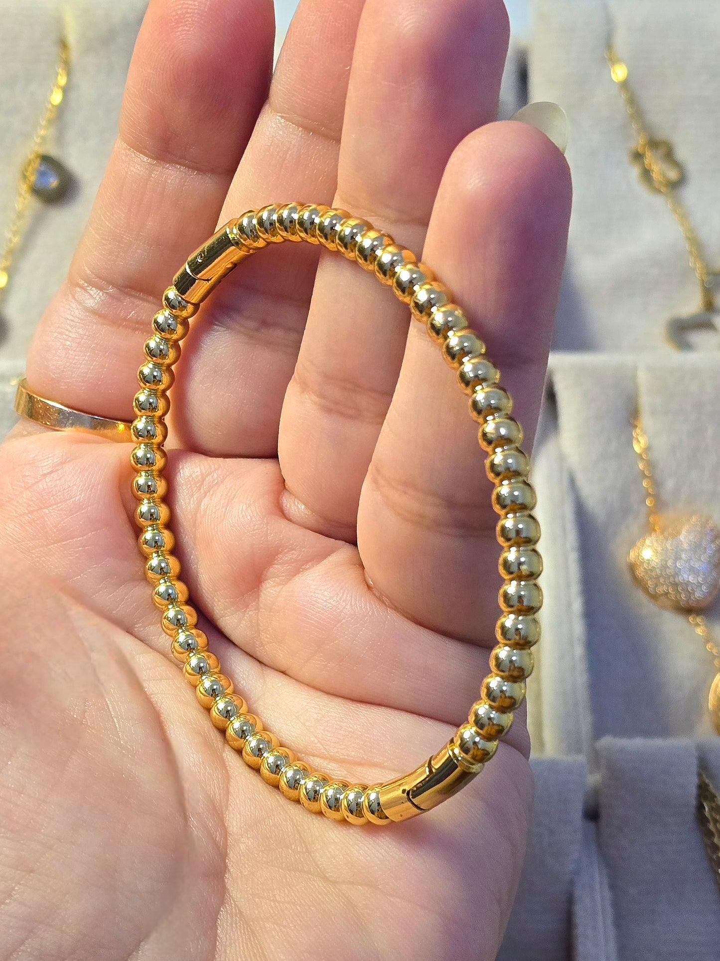 Stainless Steel Gold Beaded Bangle Bracelet with Hinge Clasp