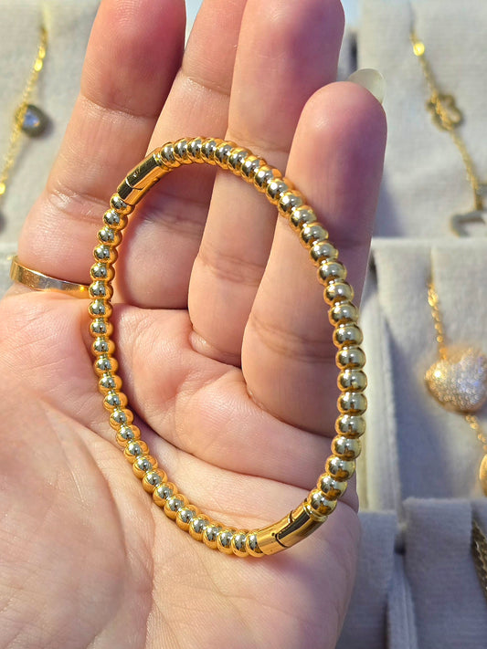 Stainless Steel Gold Beaded Bangle Bracelet with Hinge Clasp