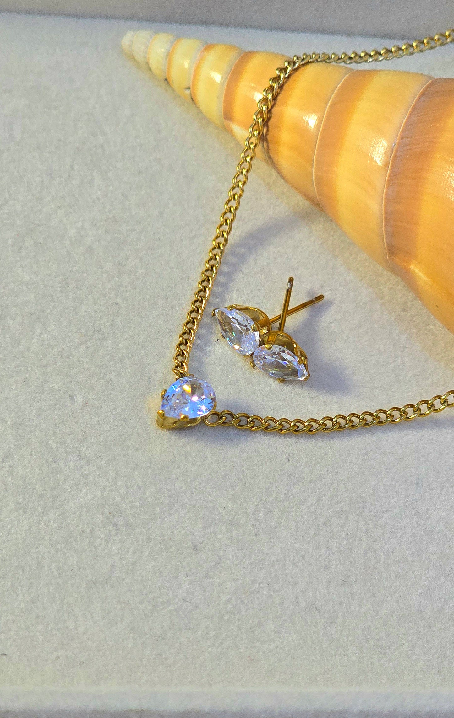 Stainless Steel Pear-Shaped Zircon Stone Necklace Set with Stud Earrings