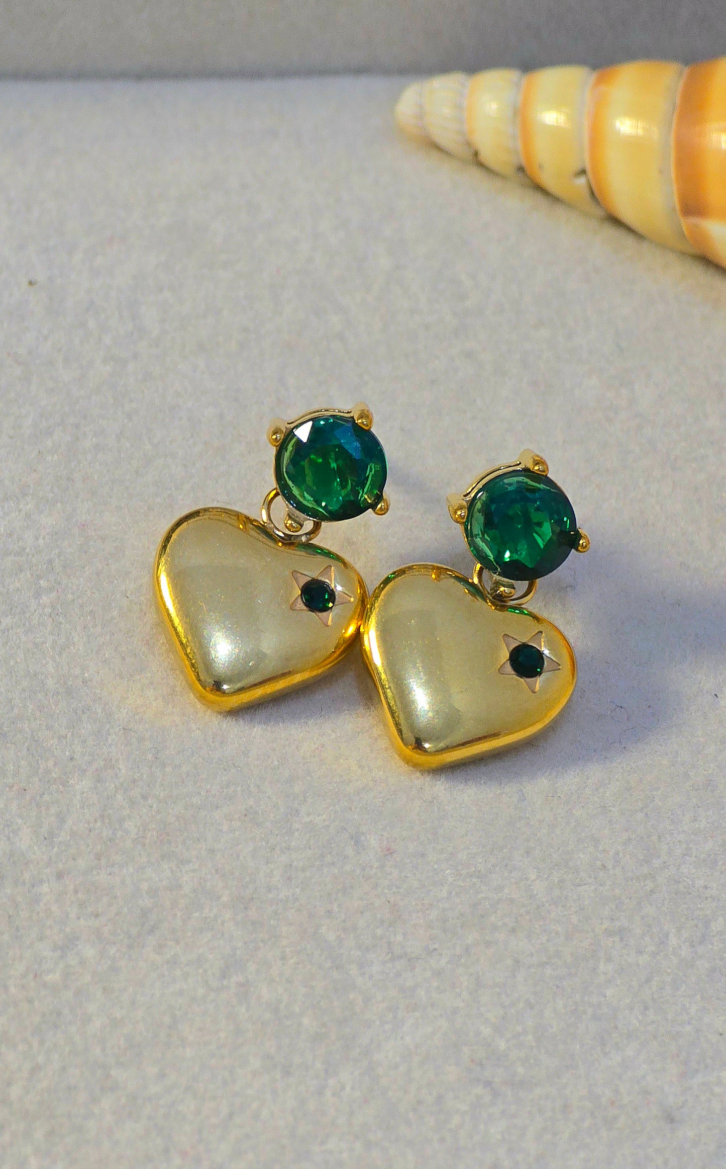 Stainless Steel Chunky Heart Stud Earrings with Emerald Green Stones