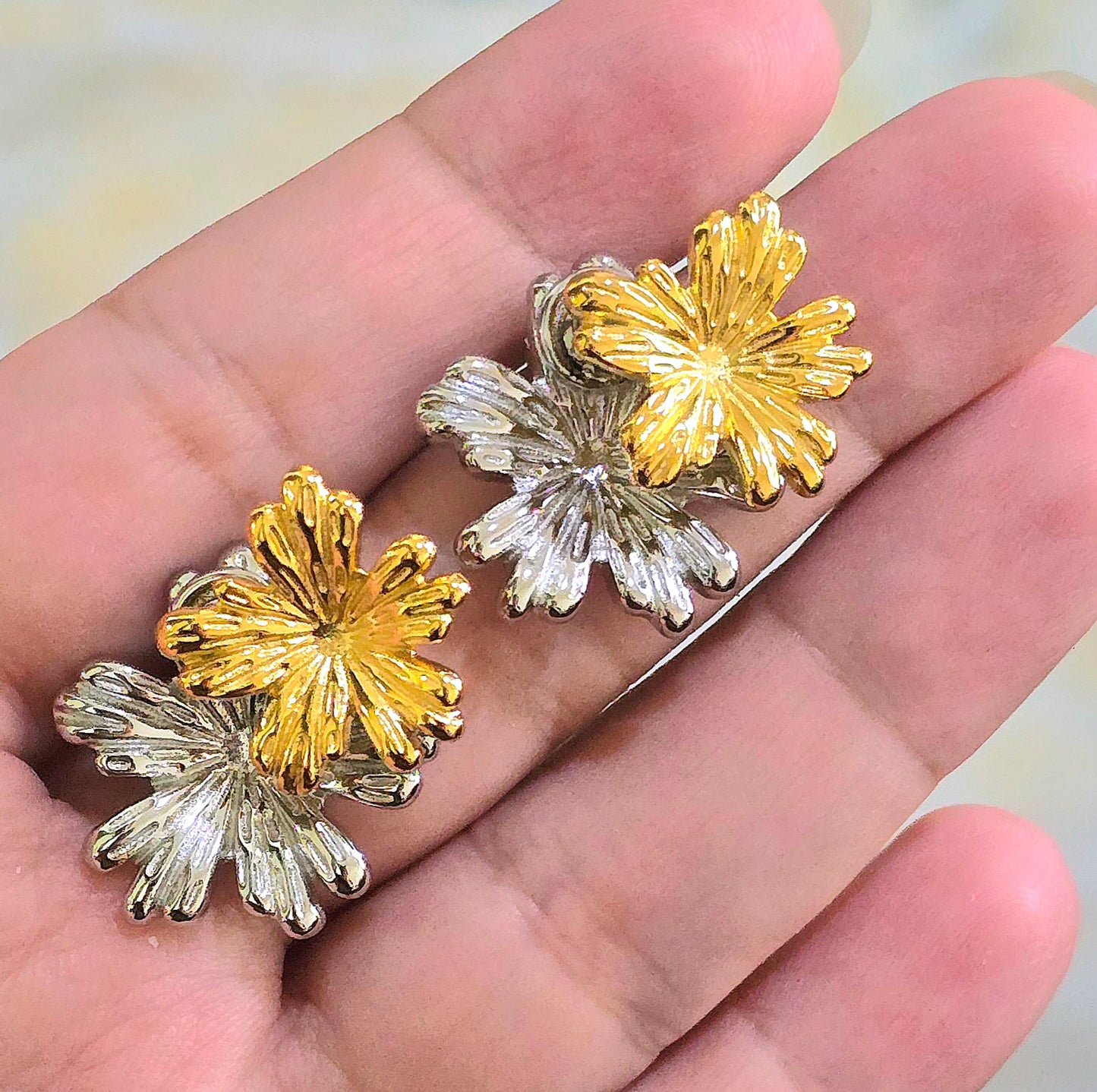 Two Tier stainless steel 18k Floral Studs