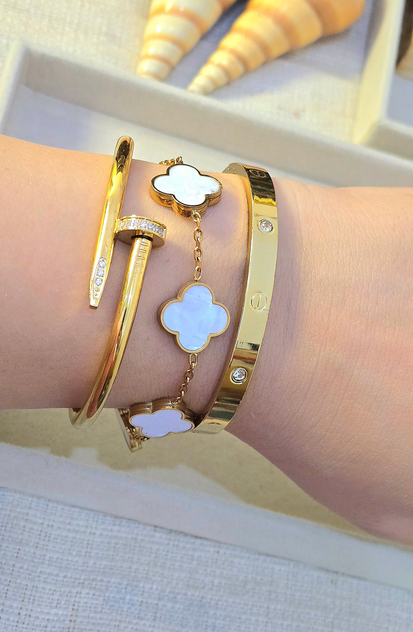 Golden trio Handcuff set --Nail, Cartier stamped & Large Clover Charm stack