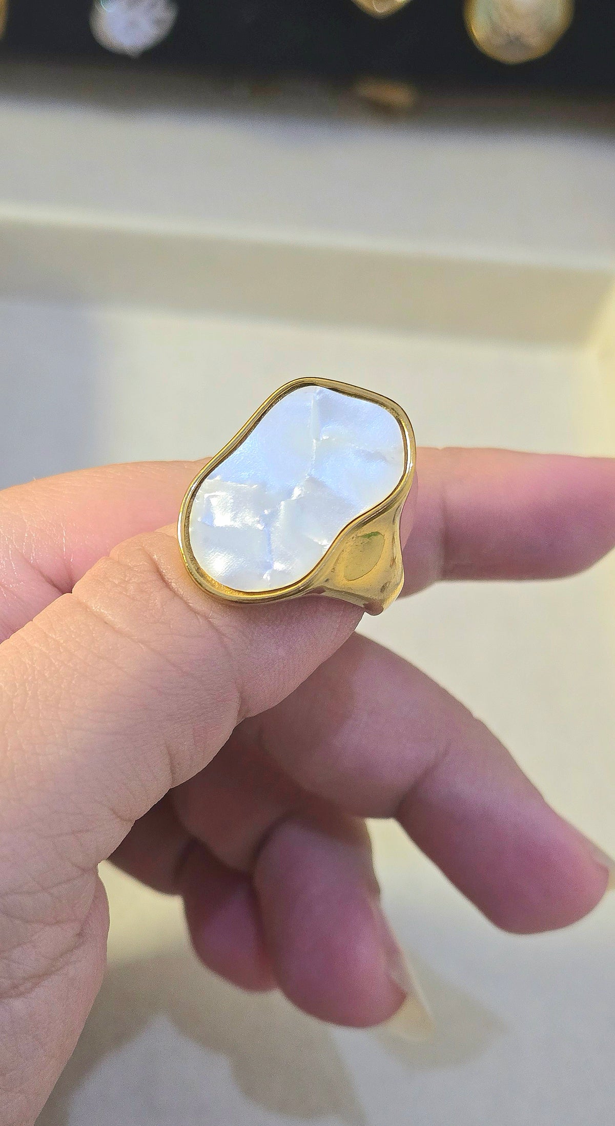GOLD SIGNET RING WITH PEARLY WHITE ENAMEL