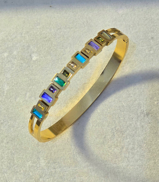 RAINBOW GEMSTONE HINGED HANDCUFF STAINLESS STEEL