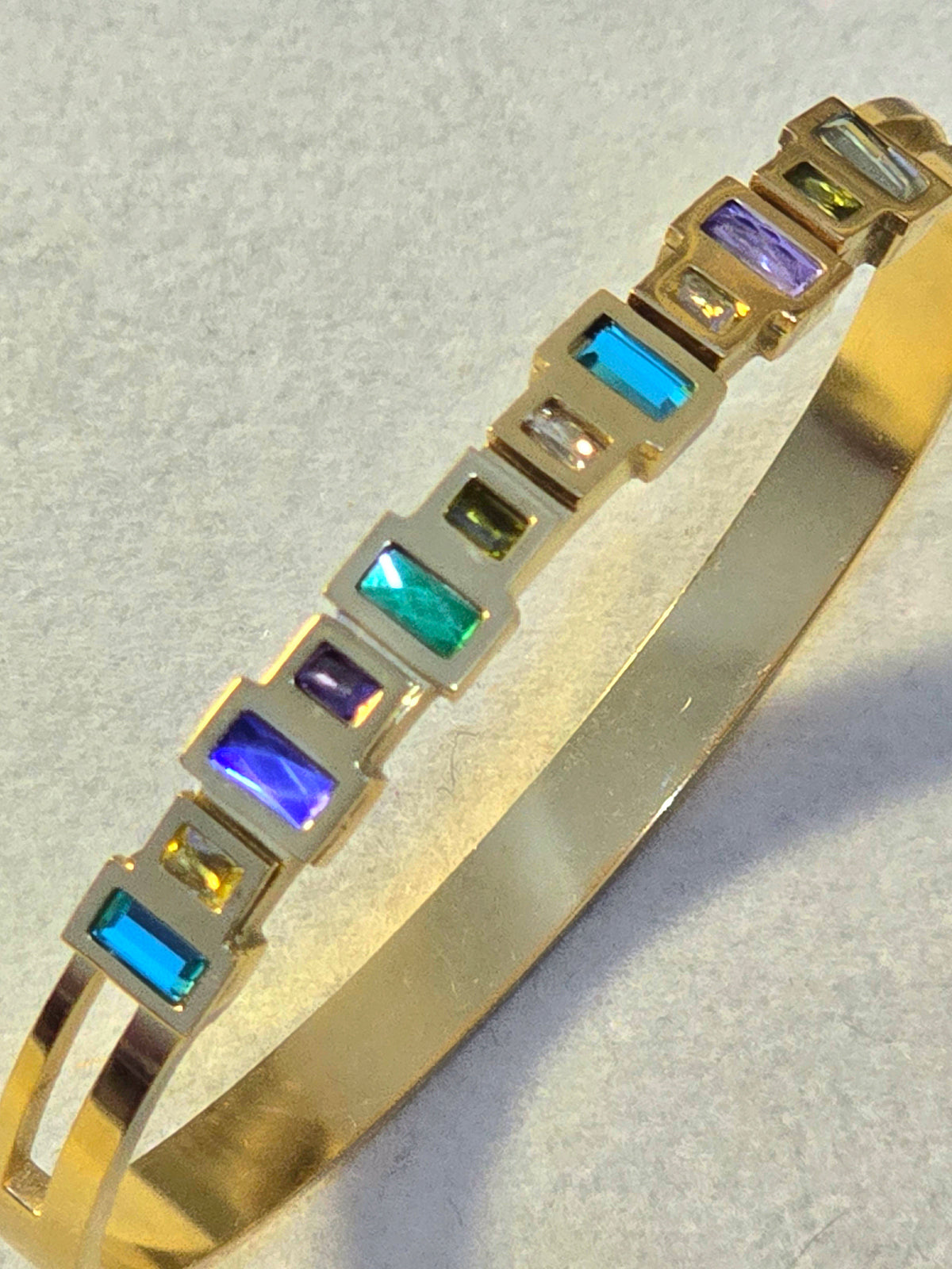 RAINBOW GEMSTONE HINGED HANDCUFF STAINLESS STEEL