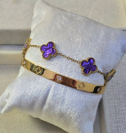 ROYAL PURPLE CLOVER& DESIGNER STYLE HANDCUFF 18K GOLD PLATED