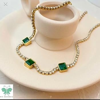 Stones Embellished Necklace with Emerald Green Center Charms Stainless Steel